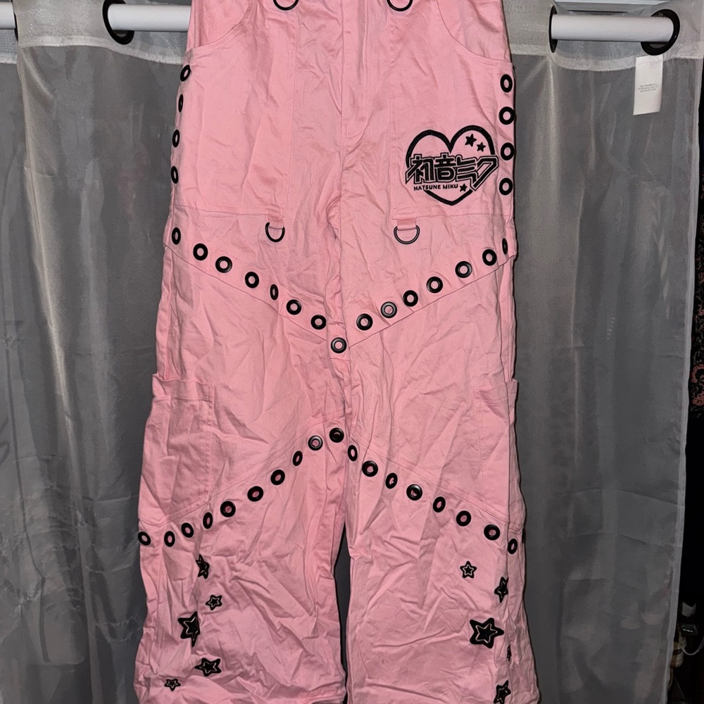Dolls Kill X Hatsune Miku Wide Leg Studded Cargo Pants - Pink Vocaloid